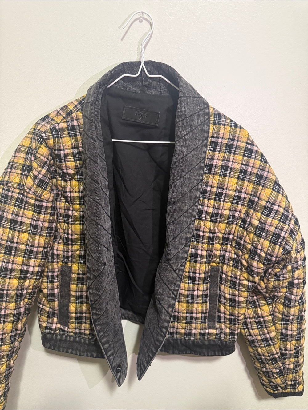 Quilted Plaid Shawl-Collar Jacket - Yellow/Black